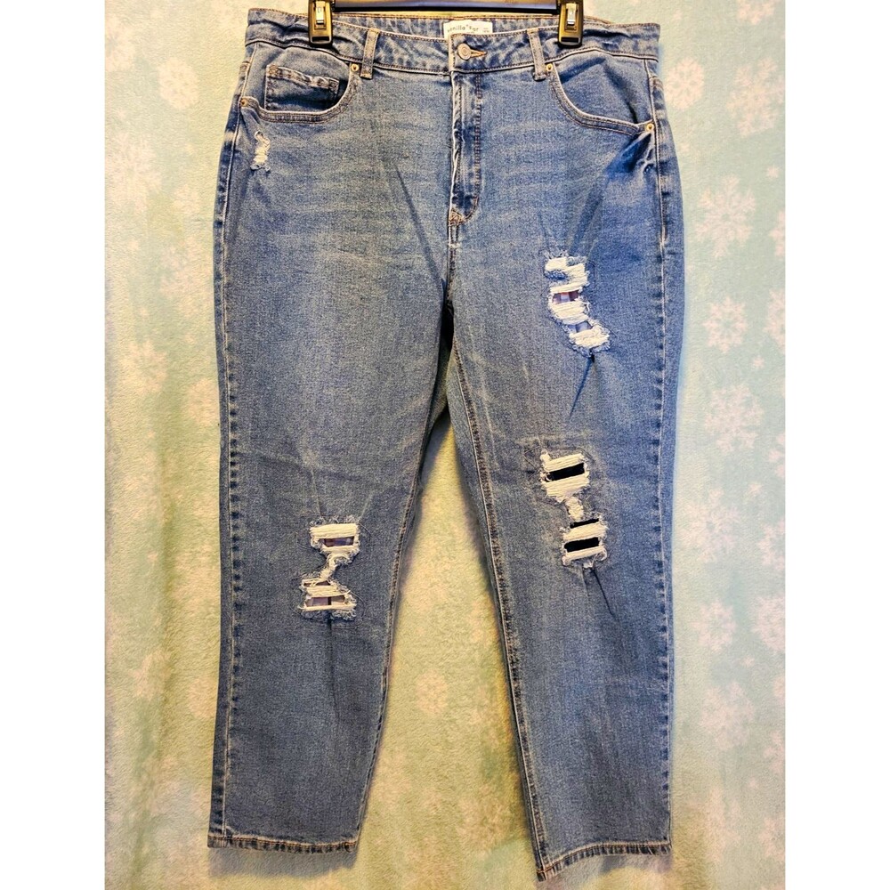 Vanilla Star Women's Light Wash Blue Distressed Tapered Mid Rise Jeans 16W